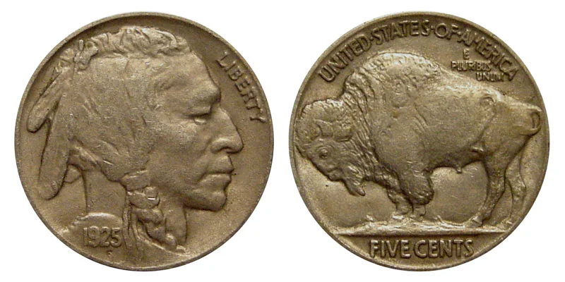 1925 Buffalo Nickel obverse showing Native American portrait and reverse showing standing buffalo