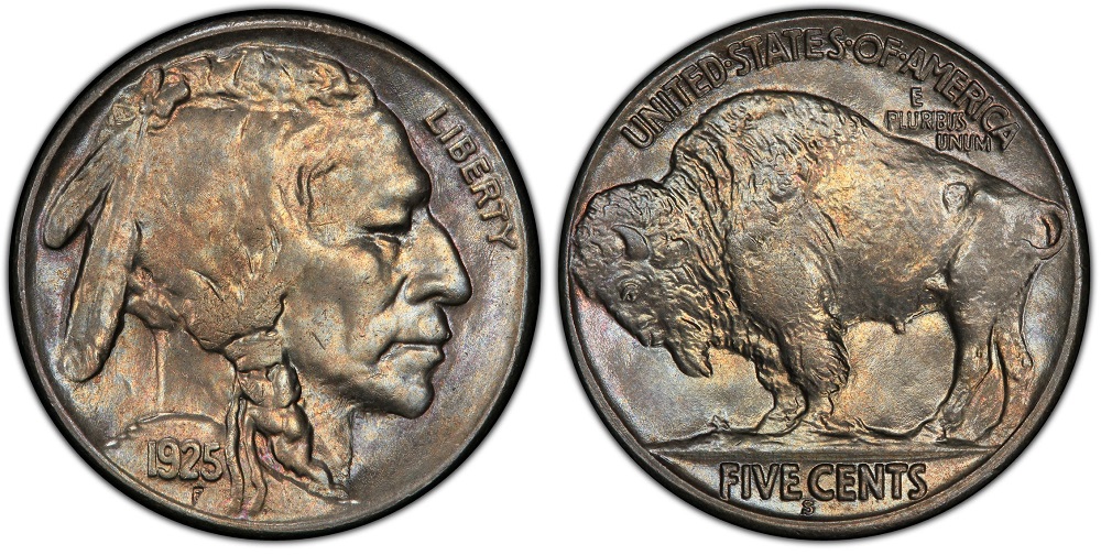 Side-by-side comparison of standard 1925 Buffalo Nickel with three feathers versus Two Feathers FS-401 variety with only two feather tips visible