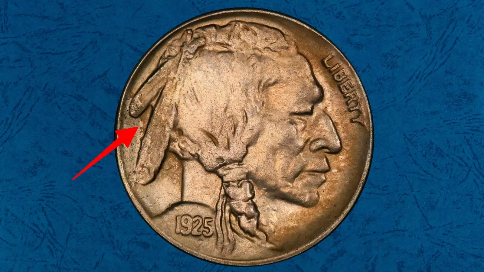 Close-up of 1925 Buffalo Nickel Two Feathers FS-401 variety showing only two feather tips visible in the headdress