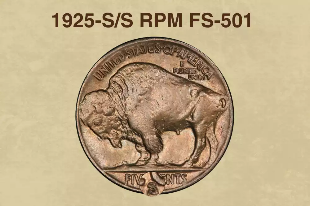 Close-up of 1925-S Buffalo Nickel reverse showing repunched S over S mintmark variety FS-501