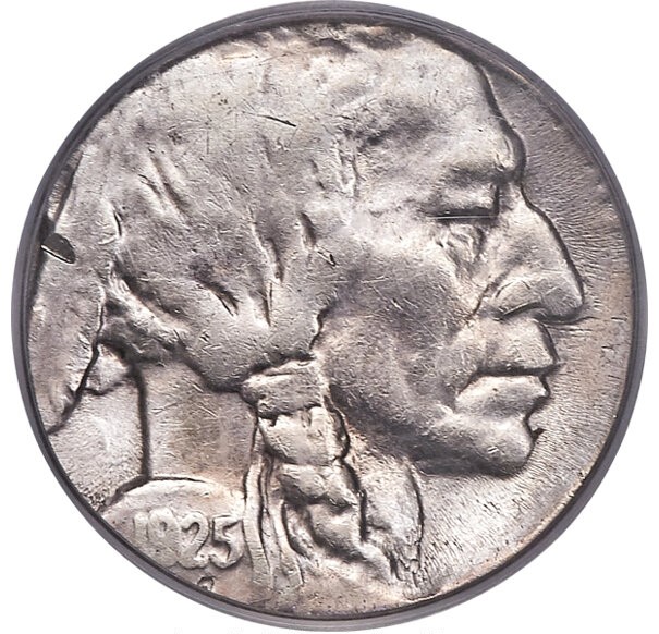 1925 Buffalo Nickel struck on wrong silver dime planchet showing smaller diameter and silver coloration compared to standard nickel
